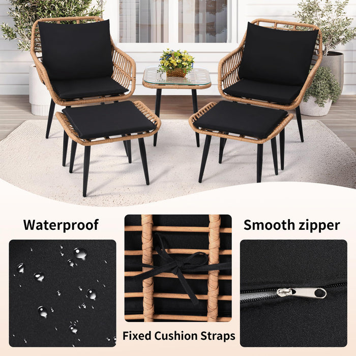 KROFEM 5 Piece Wicker Bistro Patio Conversation Furniture Set, Includes 2 Chairs, 2 Ottomans, and Side Table, Ideal for Porch, Balcony, Deck, Backyard, Natural