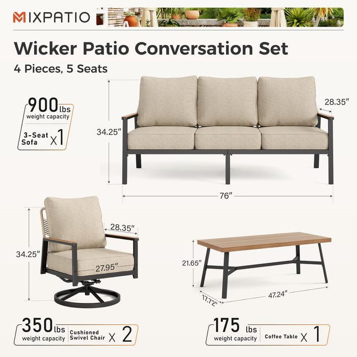 MIXPATIO 4 PCS Outdoor Patio Furniture Set, 3-Seater Sofa, Highback Swivel Chair with 5.5" Extra Thick Cushion & Coffee Table, All Weather Patio Conversation Set for Lawn Deck Backyard, Cream/Beige