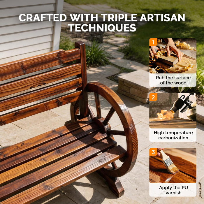 VINGLI Rustic Wooden Wheel Bench Outdoor Bench, Patio Bench Wagon Slatted Seat, Garden Benches for Outdoors 350lbs High Capacity, Weather Resistance (Rustic, 55in)