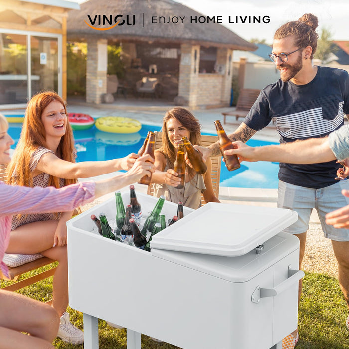 VINGLI 80 Quart Rolling Ice Chest, Portable Patio Party Bar Drink Cooler Cart, with Shelf, Beverage Pool with Bottle Opener (White)