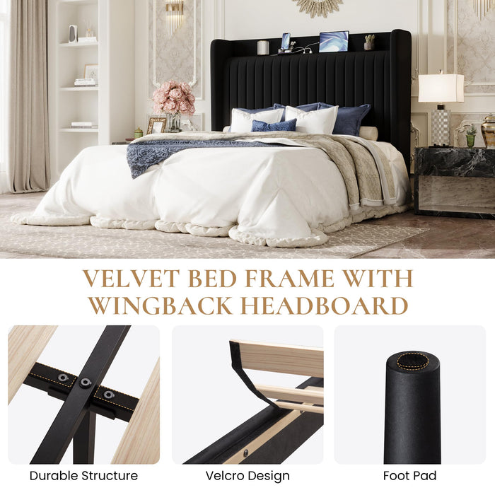 SHA CERLIN Queen Size Velvet Bed Frame with USB Charging Station, Wingback Storage Headboard, Upholstered Platform Bed with Wooden Slats Support, No Box Spring Needed, Easy Assembly, Black