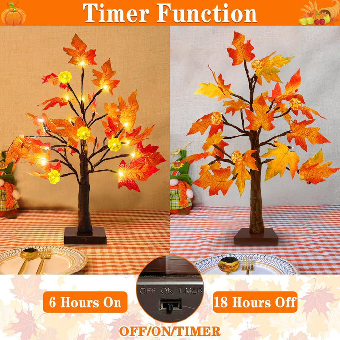 TURNMEON Thanksgiving Decor 2 Pack 18 Inch Prelit Fall Maple Tree 48 LEDs