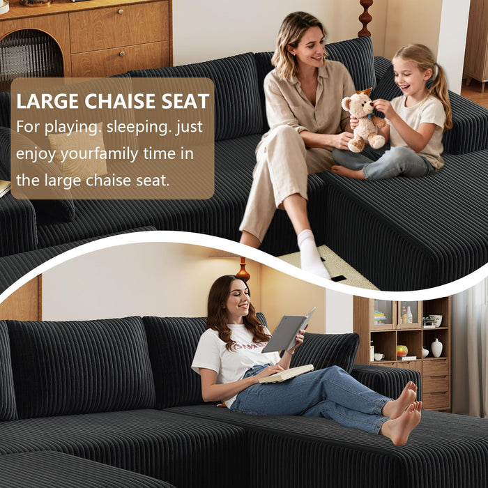 96" U-Shape Cloud Couch, Modern Modular Sectional L-Shape Sofa with Ottoman, Corduroy Upholstered Couches Deep Seat Sleeper Chaise Longue for Living Room, No Assembly Required(Black, Right Facing)