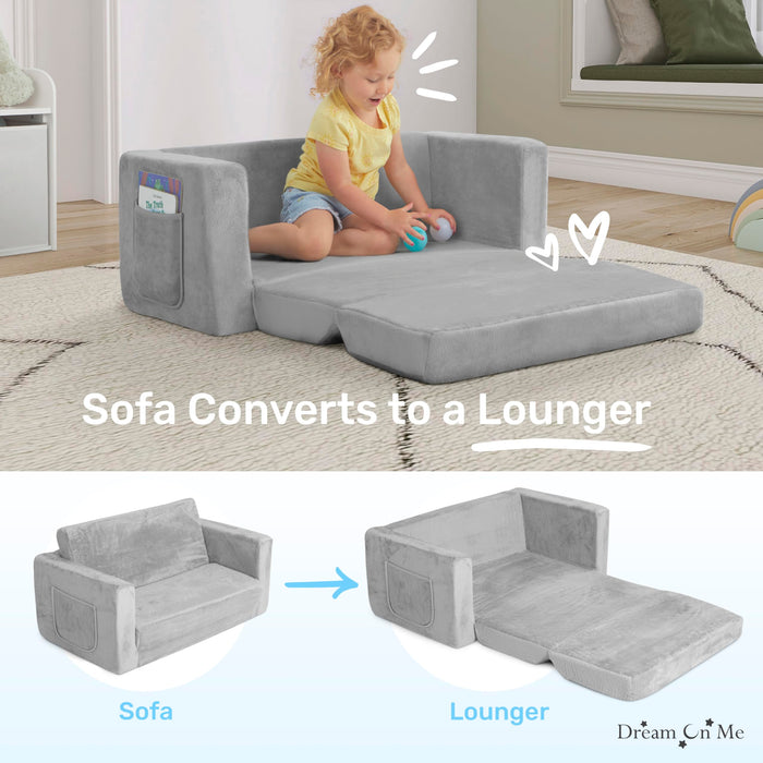 Dream On Me Nestle Kids Sofa in Grey, 2-in-1 Kids Sofa Couch, Convertible Sofa to Lounger, Low to Floor Design, Machine Washable Fabric Cover