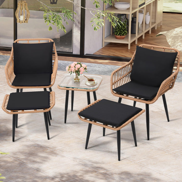 KROFEM 5 Piece Wicker Bistro Patio Conversation Furniture Set, Includes 2 Chairs, 2 Ottomans, and Side Table, Ideal for Porch, Balcony, Deck, Backyard, Natural