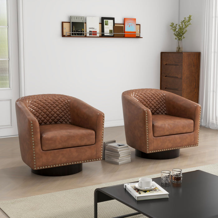 DREAMSIDEA Swivel Barrel Accent Chair, Comfy Modern Upholstered Round Faux Leather Arm Chair for Living Room, Bedroom（Brown, Set of 2