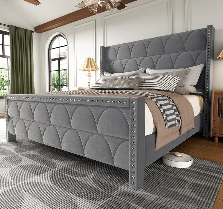 OHOHOLIVE King Size Bed Frame with 56" Headboard - Velvet Upholstered Wingback Platform Bed Frame, Noise Free, Sturdy Wooden Slat Support (Deep Gray, King)