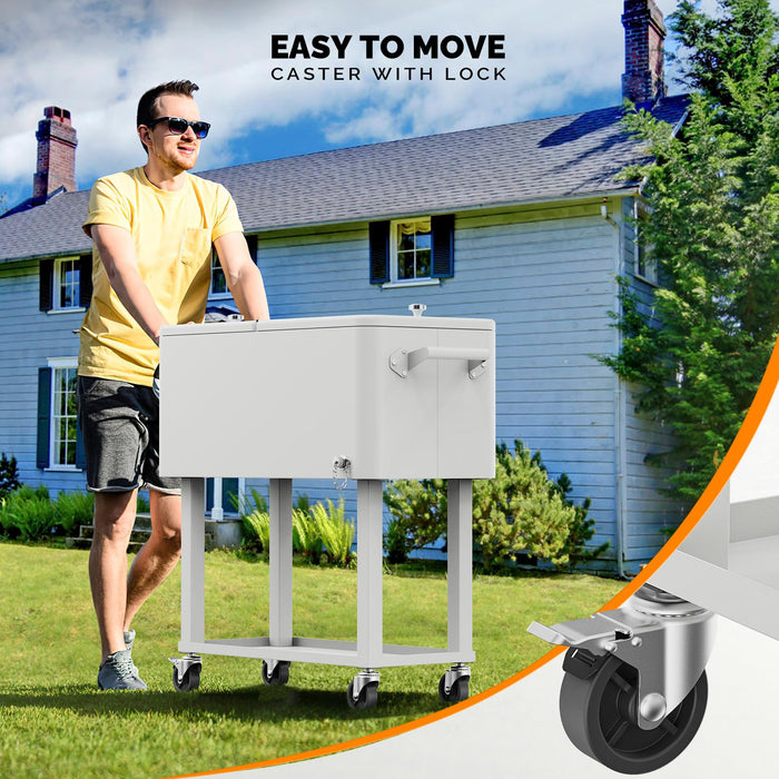 VINGLI 80 Quart Rolling Ice Chest, Portable Patio Party Bar Drink Cooler Cart, with Shelf, Beverage Pool with Bottle Opener (White)