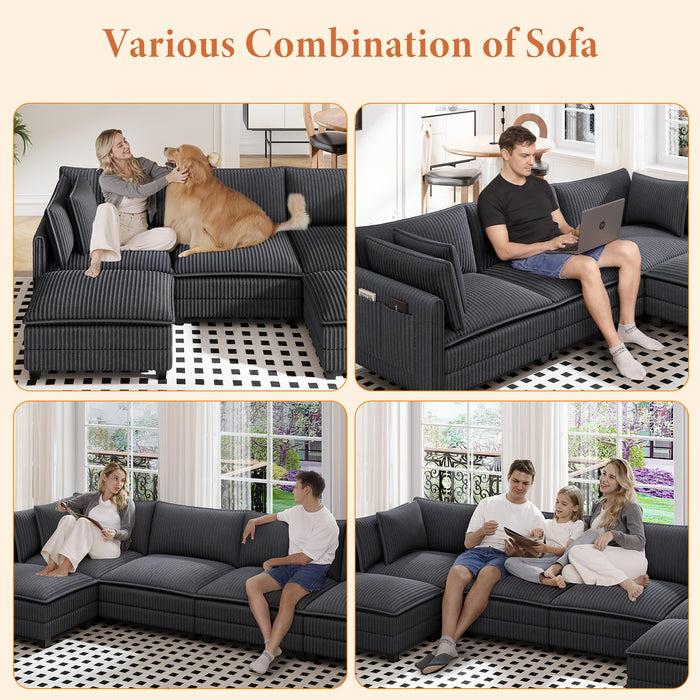 Vesgantti 109" U Shaped Cloud Sectional Sofa, Comfy Corduroy Upholstered Sectional Modular Sofas for Living Room, Modern Modular Couch with 2 Ottoman Deep Seat, Dark Grey