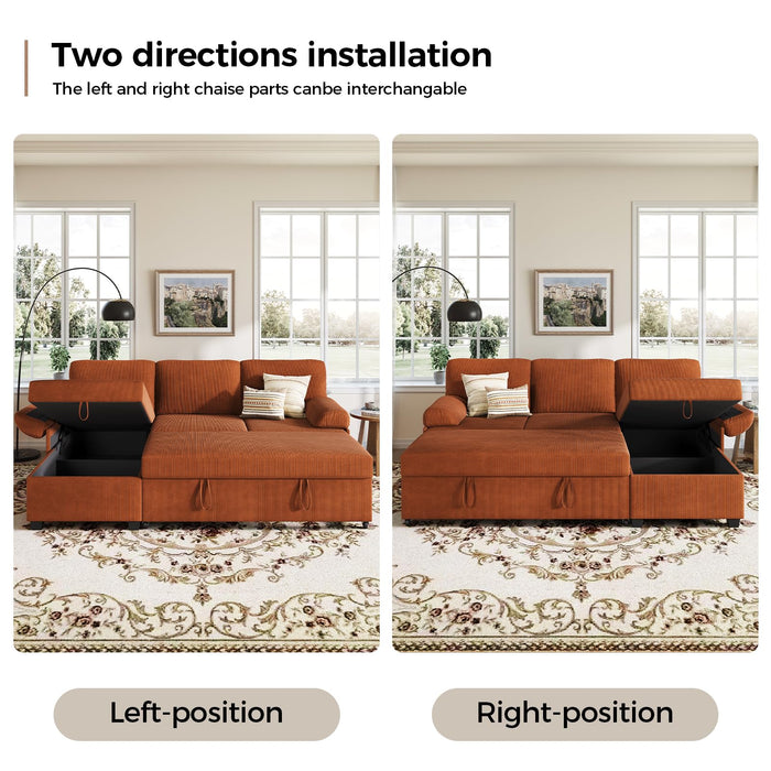 COPIAE 80 inch Convertible Sectional Sofa, L-Shaped Sofa Sleeper with Reversible Chaise,Couch Bed with Storage,Removable Armrest,Modern Pull Out Bed for Living Room Bedroom,Corduroy Rust