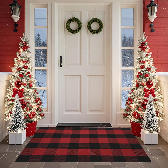 SEEKSEE Cotton Buffalo Plaid Rug 27.5"x43" Black and Red Checked Rug Washable Doormats Indoor Outdoor Rugs for Layered Front Door Mats, Porch, Kitchen, Farmhouse, Entryway