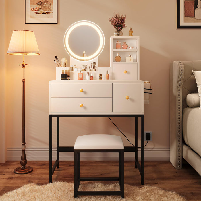 YITAHOME Makeup Vanity Desk with Mirror and Lights, Small Vanity Makeup Table for Bedroom with Lots Storage, 3 Lighting Modes, White