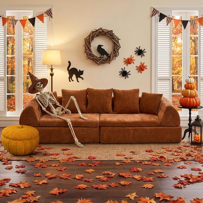 HUIVOME 104" Curved Boneless Couch, 5 Pillows, No Assembly Required, Orange