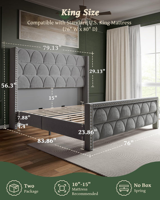OHOHOLIVE King Size Bed Frame with 56" Headboard - Velvet Upholstered Wingback Platform Bed Frame, Noise Free, Sturdy Wooden Slat Support (Deep Gray, King)