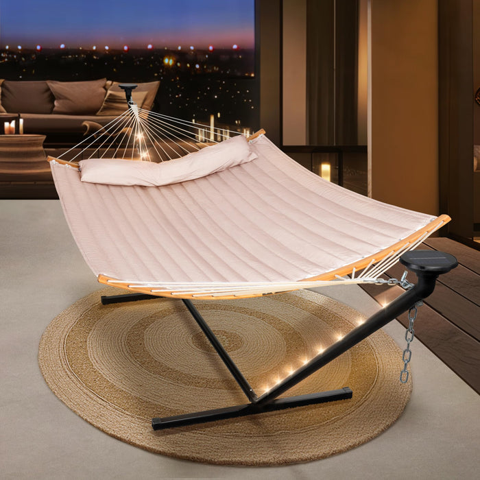 SUNCREAT Hammocks Outdoor 2 Person Hammock with Solar Powered Lights, Tan