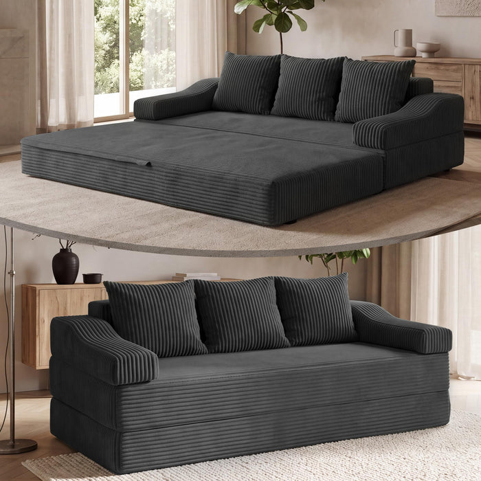 Fiona's magic 78.7" Convertible Futon Sofa Bed, Boneless Couch for Living Room 4-in-1 Corduroy Boneless Sleeper Sofa, Modular Sleeper Couch in a Box, Pull Out Couch No Assembly | Dark Gray