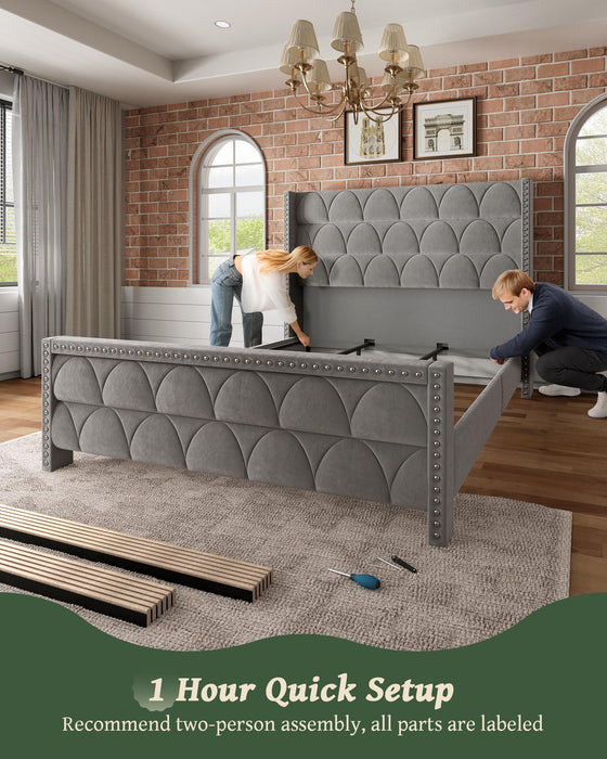 OHOHOLIVE King Size Bed Frame with 56" Headboard - Velvet Upholstered Wingback Platform Bed Frame, Noise Free, Sturdy Wooden Slat Support (Deep Gray, King)
