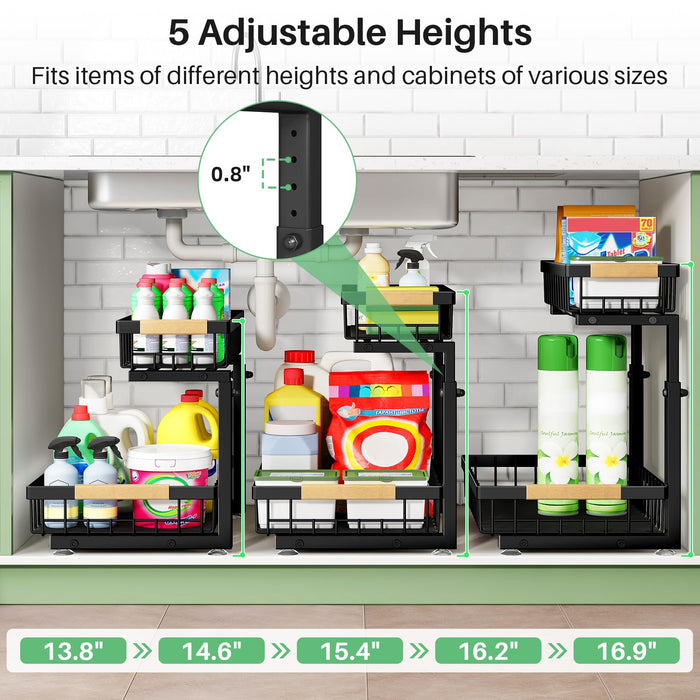 Under Sink Organizer, 2 Packs 2 Tier Under Sink Organizers and Storage, Slide out Pull out Cabinet Organizer Shelf, Metal Sliding Drawer for Kitchen Bathroom Pantry Cabinet Closet Organization Rack