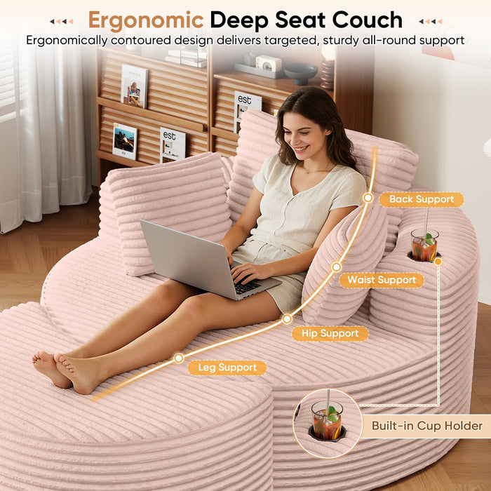 Oversized Round Chaise Longue Chair with Ottoman, Modern Corduroy Deep Seat Circle Single Cloud Boneless Floor Accent Chair w/Cup Holders for Living Room, Bedroom Apartment, 55" W * 74.6" D, Pink
