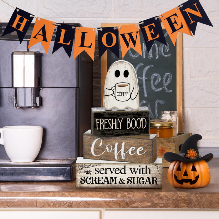 Lineshading 4 Pcs Halloween Coffee Table Decor Wooden Ghost Coffee Bar Sign