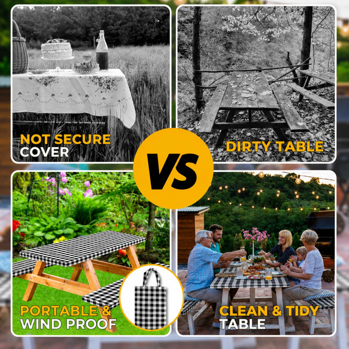 RNOONY Vinyl Fitted Picnic Table Cover with Bench Covers and Bag, 6ft Outdoor Waterproof Windproof Tablecloth with Elastic Edges. Camping RV Gear Campers Must Have 72x30 Inches 4 Pcs Set (Black)