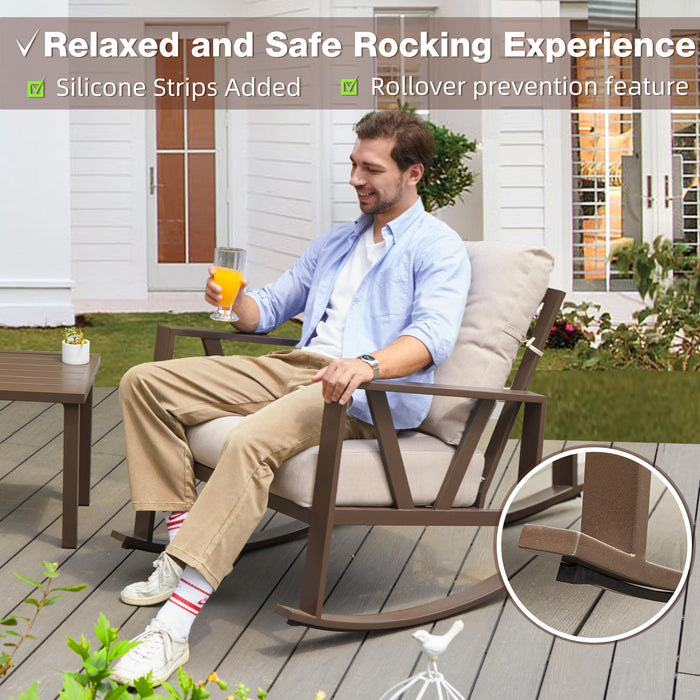 COMLAX FIELD Patio Porch Furniture Set, Outdoor Rocking Chairs Set of 2 with Coffee Table, 3 Piece Metal Outdoor Patio Bistro Conversation Set, Beige