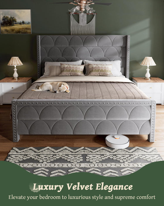 OHOHOLIVE King Size Bed Frame with 56" Headboard - Velvet Upholstered Wingback Platform Bed Frame, Noise Free, Sturdy Wooden Slat Support (Deep Gray, King)