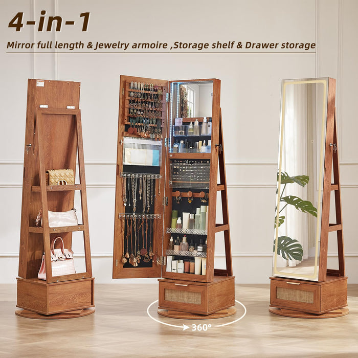 Joaxswe Rattan 360° Swivel Jewelry Armoire Standing with Full Length Mirror