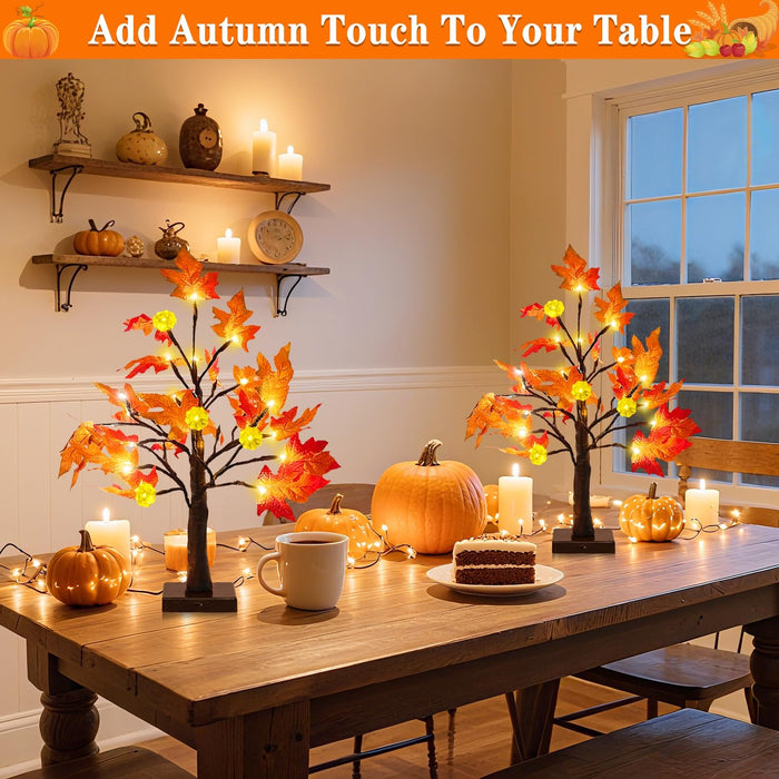 TURNMEON Thanksgiving Decor 2 Pack 18 Inch Prelit Fall Maple Tree 48 LEDs