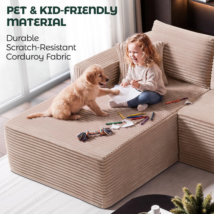 PLIXSET 108" Camel L-Shaped Sectional Couch for Living Room, Modular Corduroy Sofa with Right Facing Chaise, Boneless Deep Seat Design, No Assembly