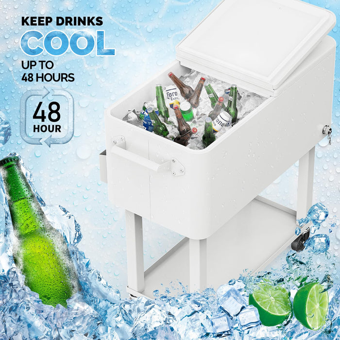 VINGLI 80 Quart Rolling Ice Chest, Portable Patio Party Bar Drink Cooler Cart, with Shelf, Beverage Pool with Bottle Opener (White)