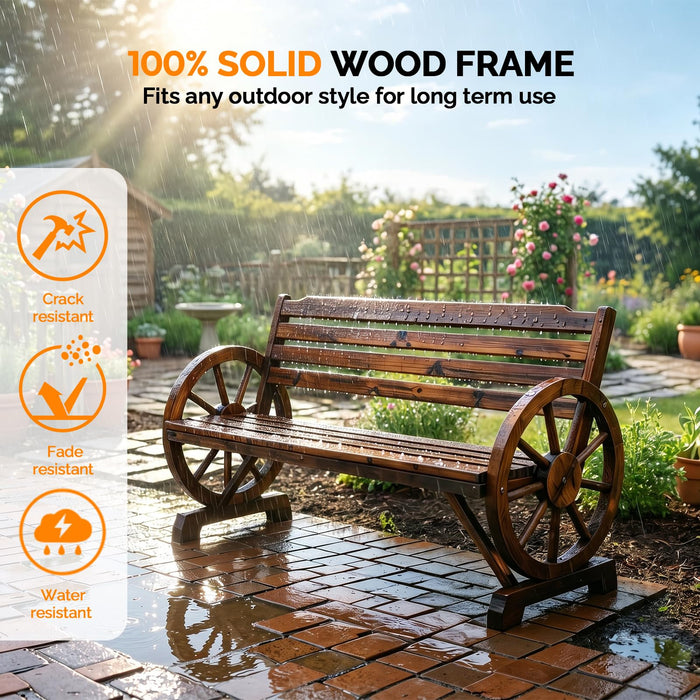VINGLI Rustic Wooden Wheel Bench Outdoor Bench, Patio Bench Wagon Slatted Seat, Garden Benches for Outdoors 350lbs High Capacity, Weather Resistance (Rustic, 55in)