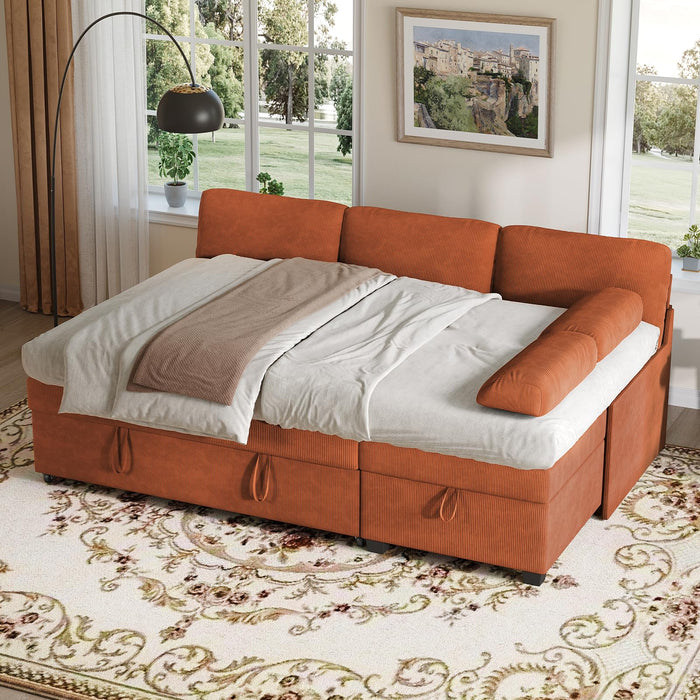 COPIAE 80 inch Convertible Sectional Sofa, L-Shaped Sofa Sleeper with Reversible Chaise,Couch Bed with Storage,Removable Armrest,Modern Pull Out Bed for Living Room Bedroom,Corduroy Rust
