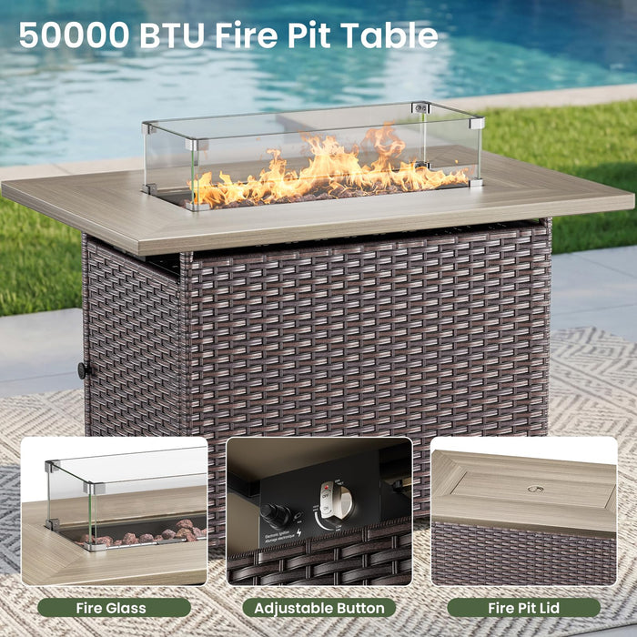 Luxury Patio Furniture Set with 6-inch Thick Cushion, Outdoor Furniture with Fire Pit Table, Swivel Chairs, Sofa, 4pcs Wicker Conversation Set for Deck Yard and Poolside(Brown Wicker | Blue Cushion)