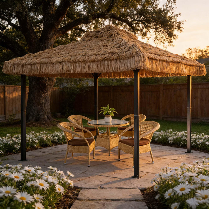 GDY 10x10 Thatched Tiki Bar Gazebo, Patio Gazebo with Straw Thatch Roofing, Hawaiian Style Canopy Tent, Suitable for Courtyards, Exhibitions, Camping, Bar, Khaki.