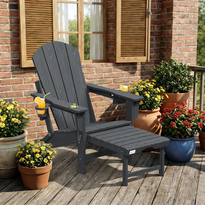 Mdeam 3-Position Adjustable Folding Adirondack Chair, 20" W | 400LBS Capacity, Retractable Ottoman, Dual Cup Holders, Wood-Like HDPE Outdoor Patio Lounge Recliner Fire Pit Chairs for Porch Deck, Grey