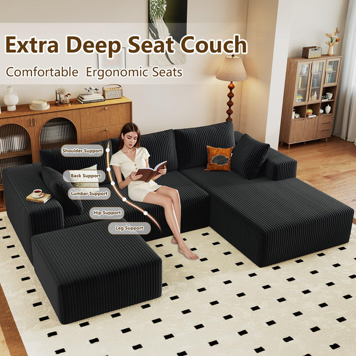 96" U-Shape Cloud Couch, Modern Modular Sectional L-Shape Sofa with Ottoman, Corduroy Upholstered Couches Deep Seat Sleeper Chaise Longue for Living Room, No Assembly Required(Black, Right Facing)