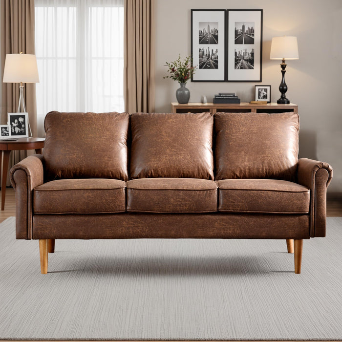 ovios 73.6" Sofa Couch, Mid Century Modern Sofas Couches with Comfy Cushions, 3-Seater Faux Leather Deep Seat Small Sofa for Living Room Bedroom Office, Dark Brown