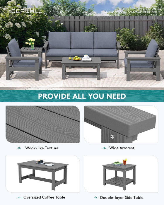 SERWALL HDPE Patio Furniture Set, 7-Piece Outdoor Sectional Sofa Set, All Weather Outdoor Couch Set for Deck, Lawn, Grey Frame with Grey Cushion