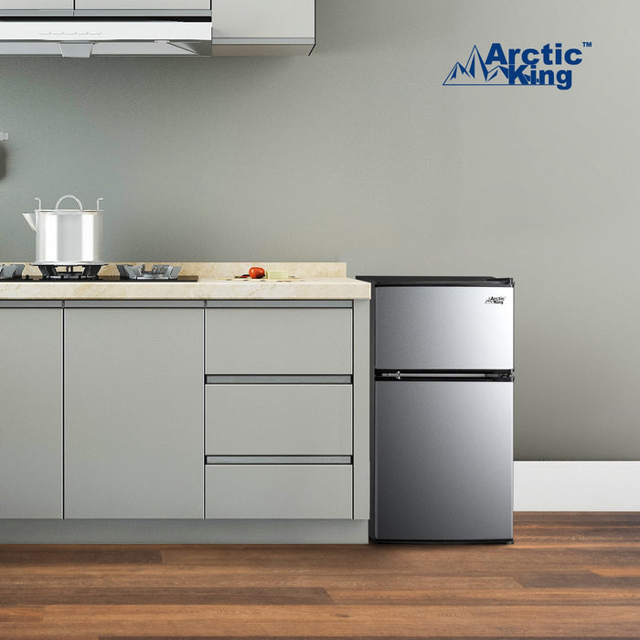 Arctic King 3.2 Cu Ft Two Door Mini Fridge With Freezer Stainless Stee