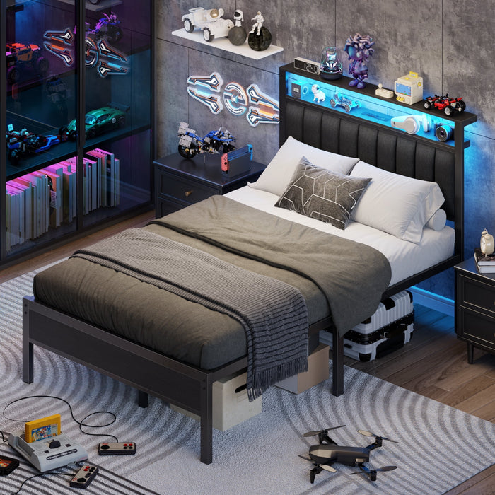 Tydimor Full Size Platforrm Bed Frame with Charging Station, LED Stand