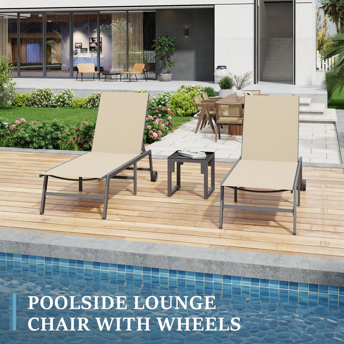 UDPATIO 3 Piece Outdoor Lounge Chair Set 2 Adjustable Textilene Chaise Lounges with Wheels & Side Table 5-Position Reclining Rust Free Patio Chairs for Poolside Backyard Garden Deck Beach