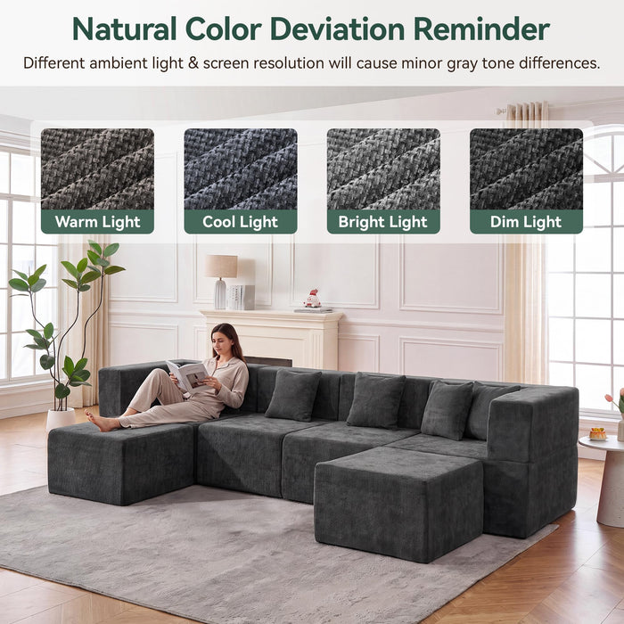 MONVANE Modular Sectional Cloud Couch for Living Room - 130'' 6 Seater Convertible Chenille Couches Set with Ottoman, No Assembly Compression Sofas, Comfy Floor Sofa with Memory Foam, Grey