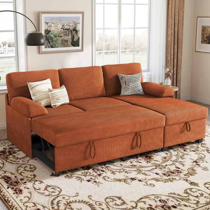 COPIAE 80 inch Convertible Sectional Sofa, L-Shaped Sofa Sleeper with Reversible Chaise,Couch Bed with Storage,Removable Armrest,Modern Pull Out Bed for Living Room Bedroom,Corduroy Rust