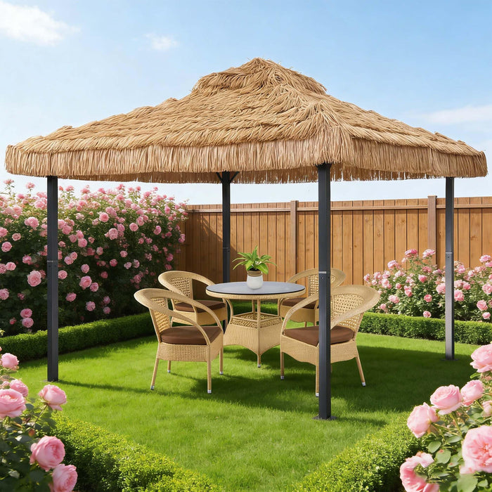GDY 10x10 Thatched Tiki Bar Gazebo, Patio Gazebo with Straw Thatch Roofing, Hawaiian Style Canopy Tent, Suitable for Courtyards, Exhibitions, Camping, Bar, Khaki.