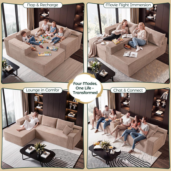 PLIXSET 108" Camel L-Shaped Sectional Couch for Living Room, Modular Corduroy Sofa with Right Facing Chaise, Boneless Deep Seat Design, No Assembly