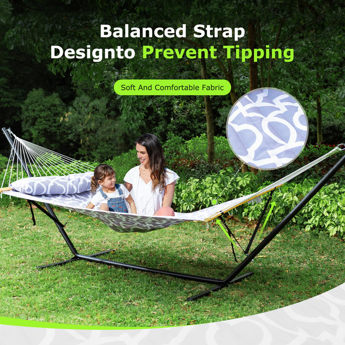 ANAGOO Double Hammock with Stand for Outdoor, Heavy Duty Portable Hammock with Adjustable Steel Stand for Patio, Garden, Beach, Backyard - Includes Carrying Bag,White Grey