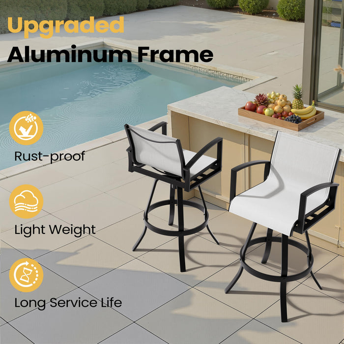Pellebant 30" Outdoor Swivel Aluminum Bar Stools Set of 4, Sunbrella Patio Bar Height Bar Stools with Back & Footrest, Anti-Rust Patio Bar Stools for Deck Lawn Garden, White