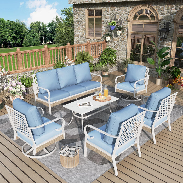 MIXPATIO 6 Piece Patio Furniture Set, 2 x Fixed Chair, 2 x Swivel Chair, 1 x 3-Seat Sofa with Marbling Coffee Table, All Cushioned 7 Seats Outdoor Conversation Set for Lawn Garden Backyard, Blue