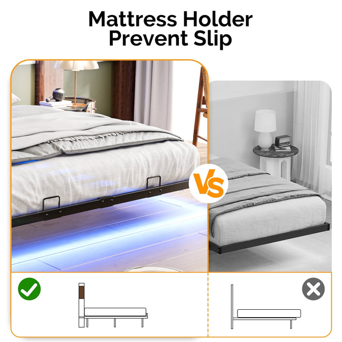 UBesGoo Full Floating Platform Bed, Burnt Wood Storage Headboard Full